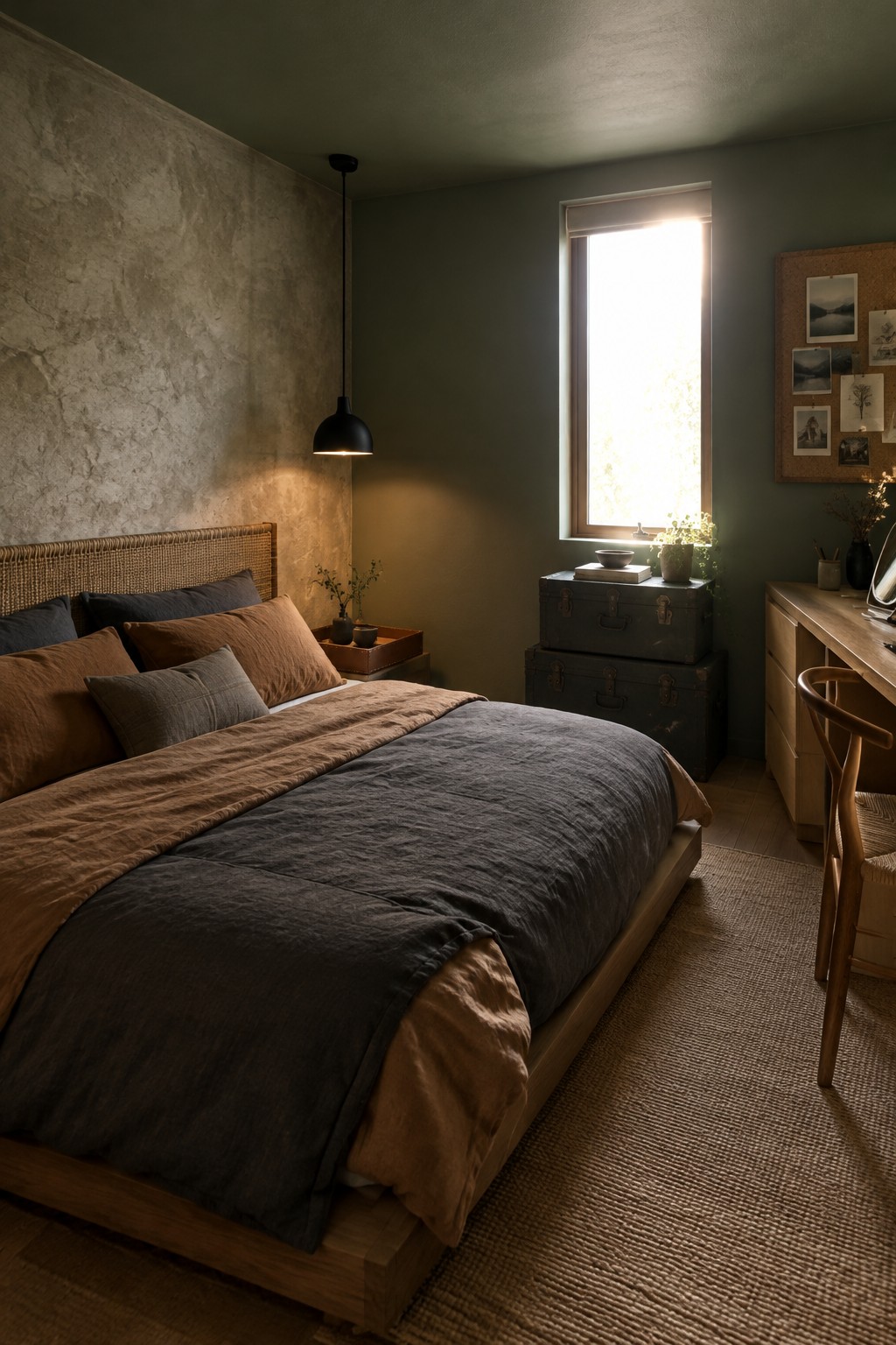 A compact bedroom with a low ceiling, a bed with charcoal and rust-colored bedding, a muted green wall, and a narrow window.