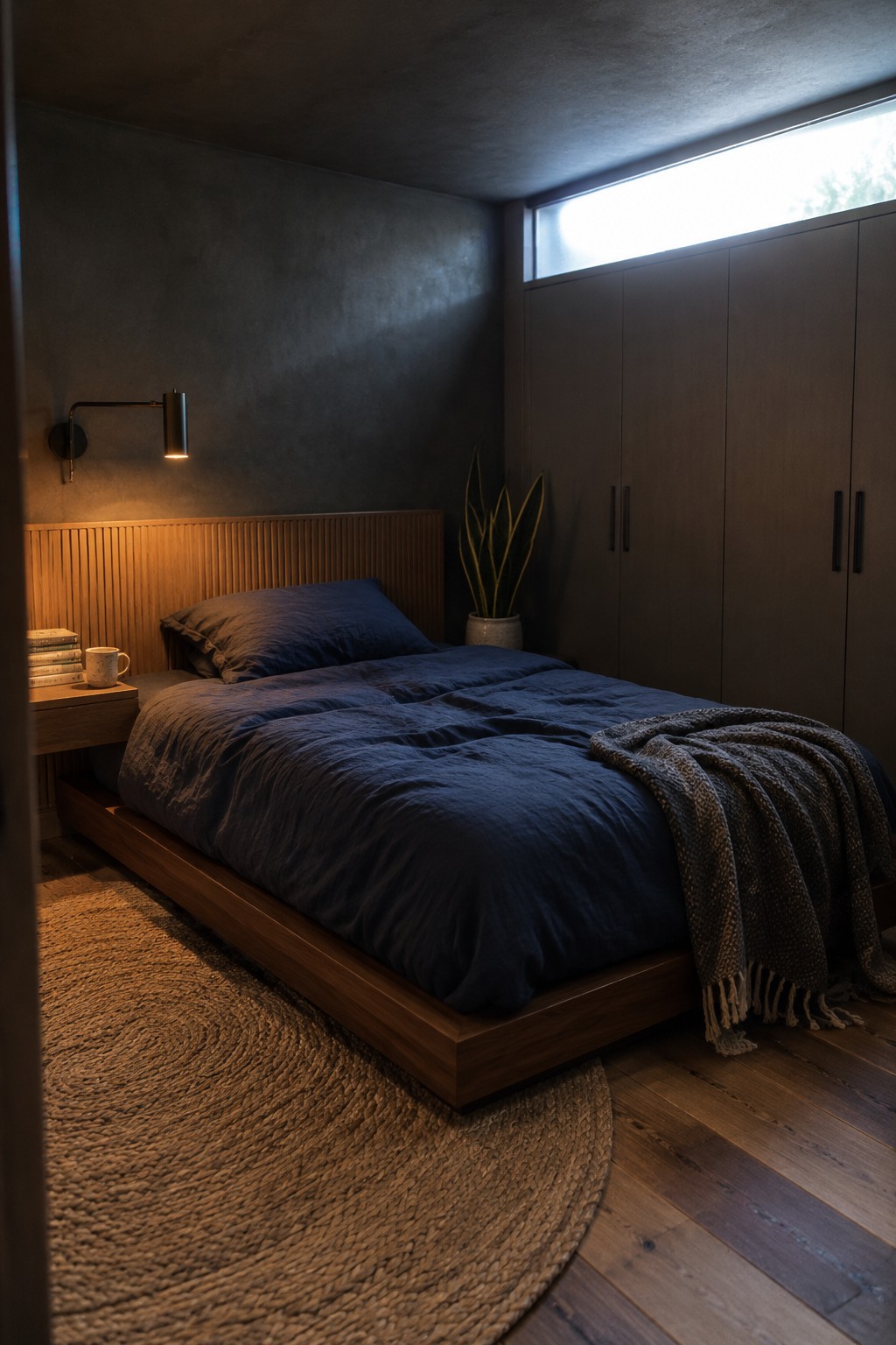 A compact bedroom with a low wooden bed, navy bedding, a slatted wood headboard, dark wardrobe doors, and a high horizontal window.