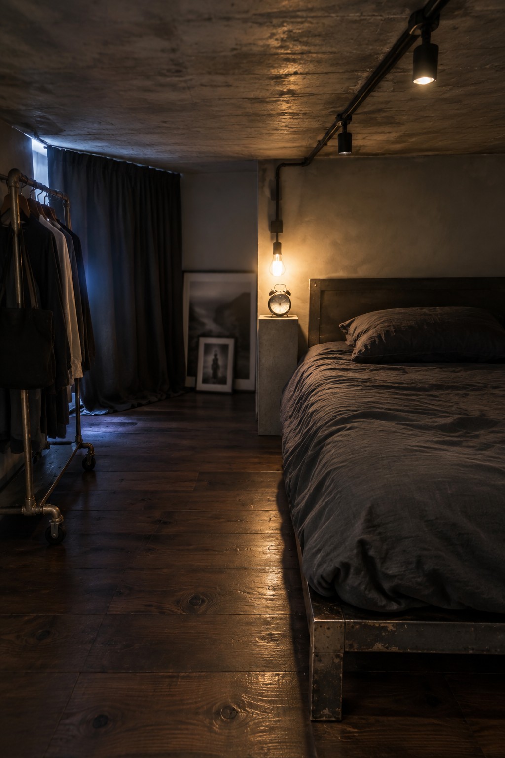 A low metal bed with dark bedding sits in a compact bedroom with an exposed concrete ceiling and a clothing rack.
