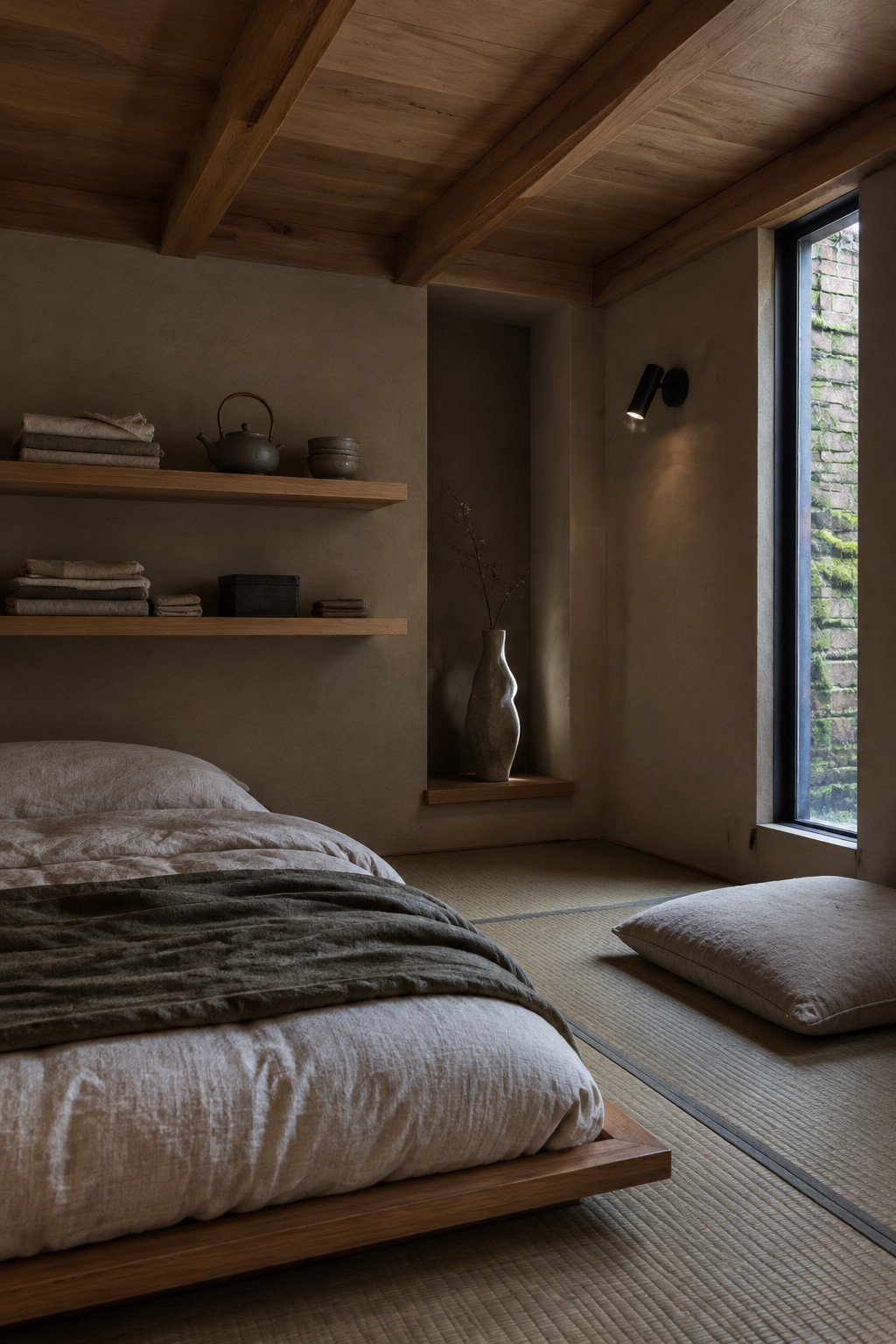 A low bedroom with exposed wooden ceiling beams, a platform bed, wall shelves, and a narrow window.