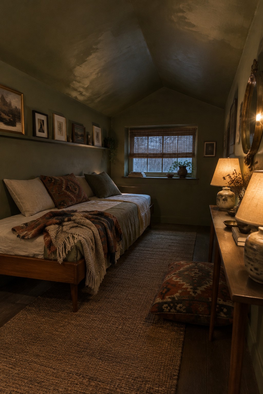 A compact bedroom with a low sloped ceiling, a bed covered in layered blankets, and two warm lamps on a dresser.