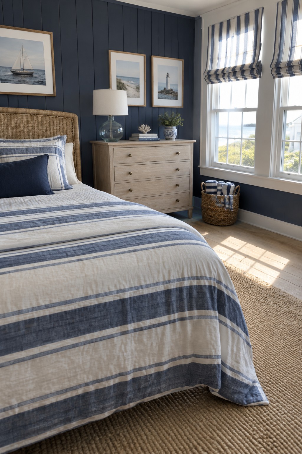 A bedroom with navy paneled walls, a woven headboard, blue-and-white striped bedding, and striped window shades.