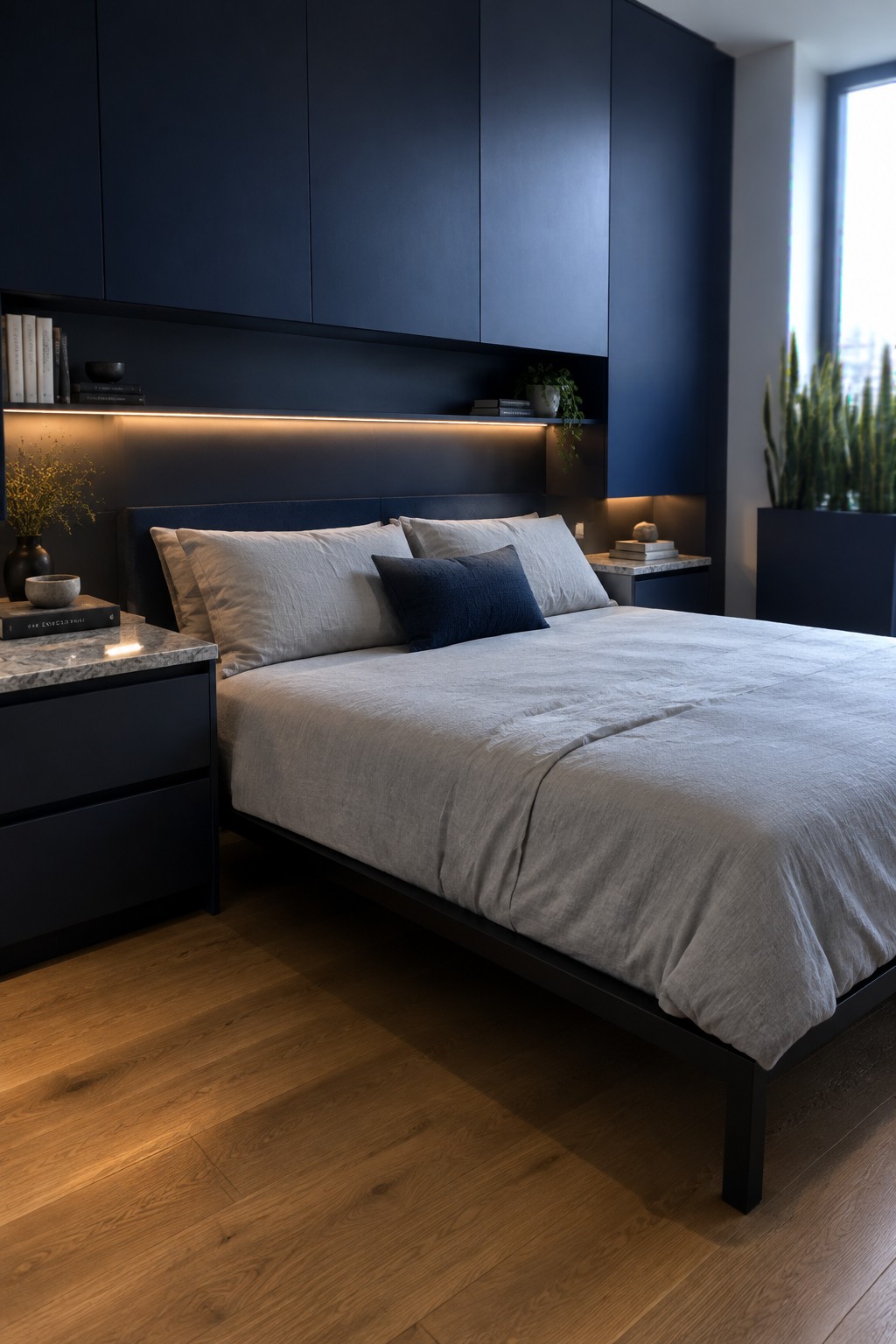 A bedroom with navy built-in cabinets and shelving above the bed, light gray bedding, and warm wood flooring.