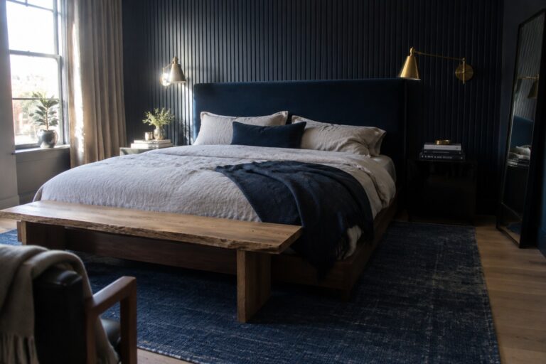 A bedroom with a navy paneled wall behind a bed with light bedding and a dark blue throw.