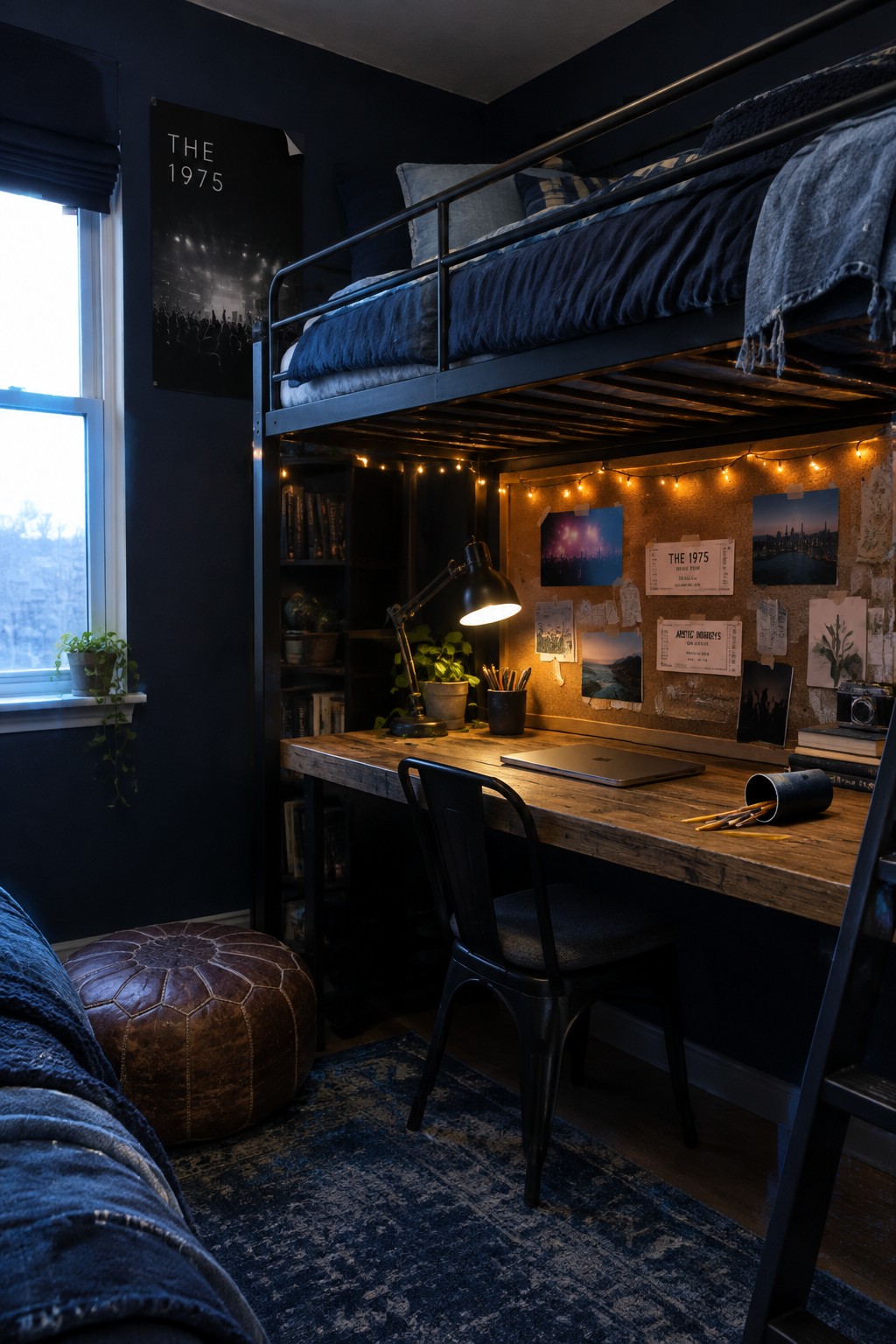 A navy loft bed sits above a wooden desk with a chair, lamp, and corkboard in a dark bedroom.