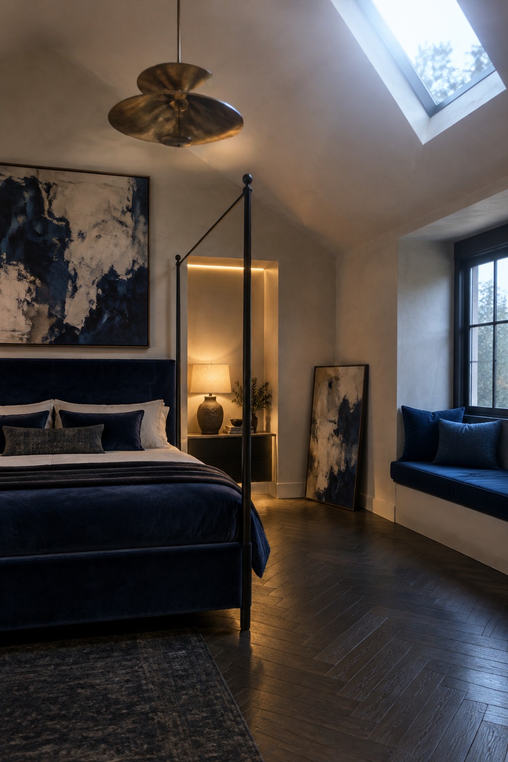 A navy canopy bed sits beneath a sloped ceiling in a bedroom with a skylight and a window seat.