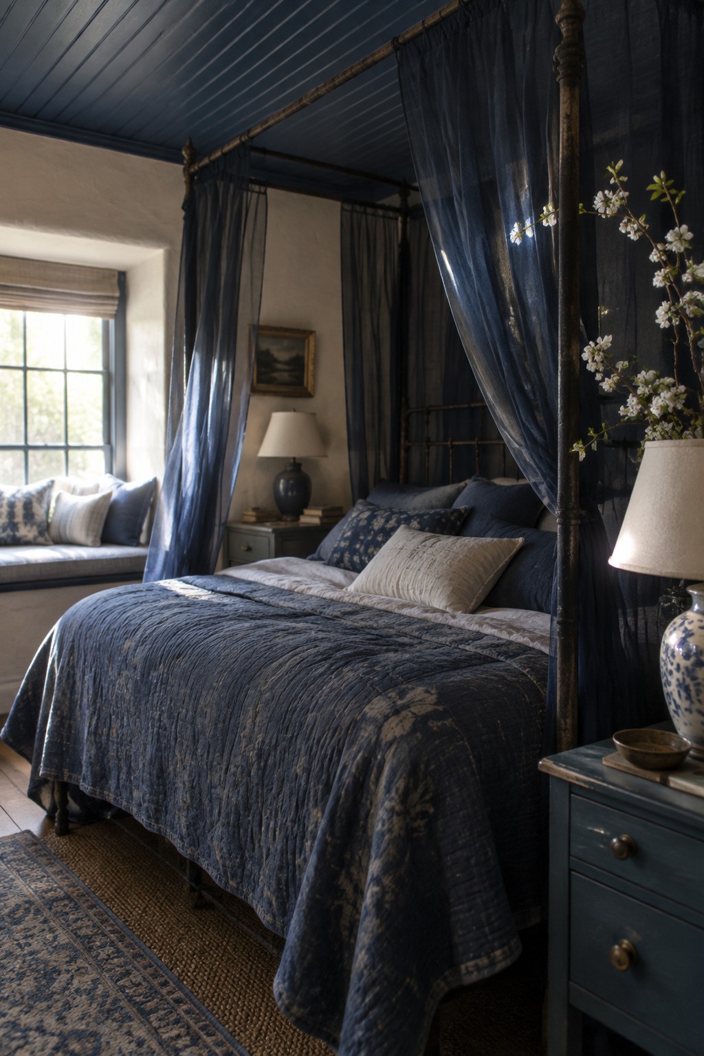 A four-poster bed with sheer navy curtains and dark blue bedding stands beside a bright window.