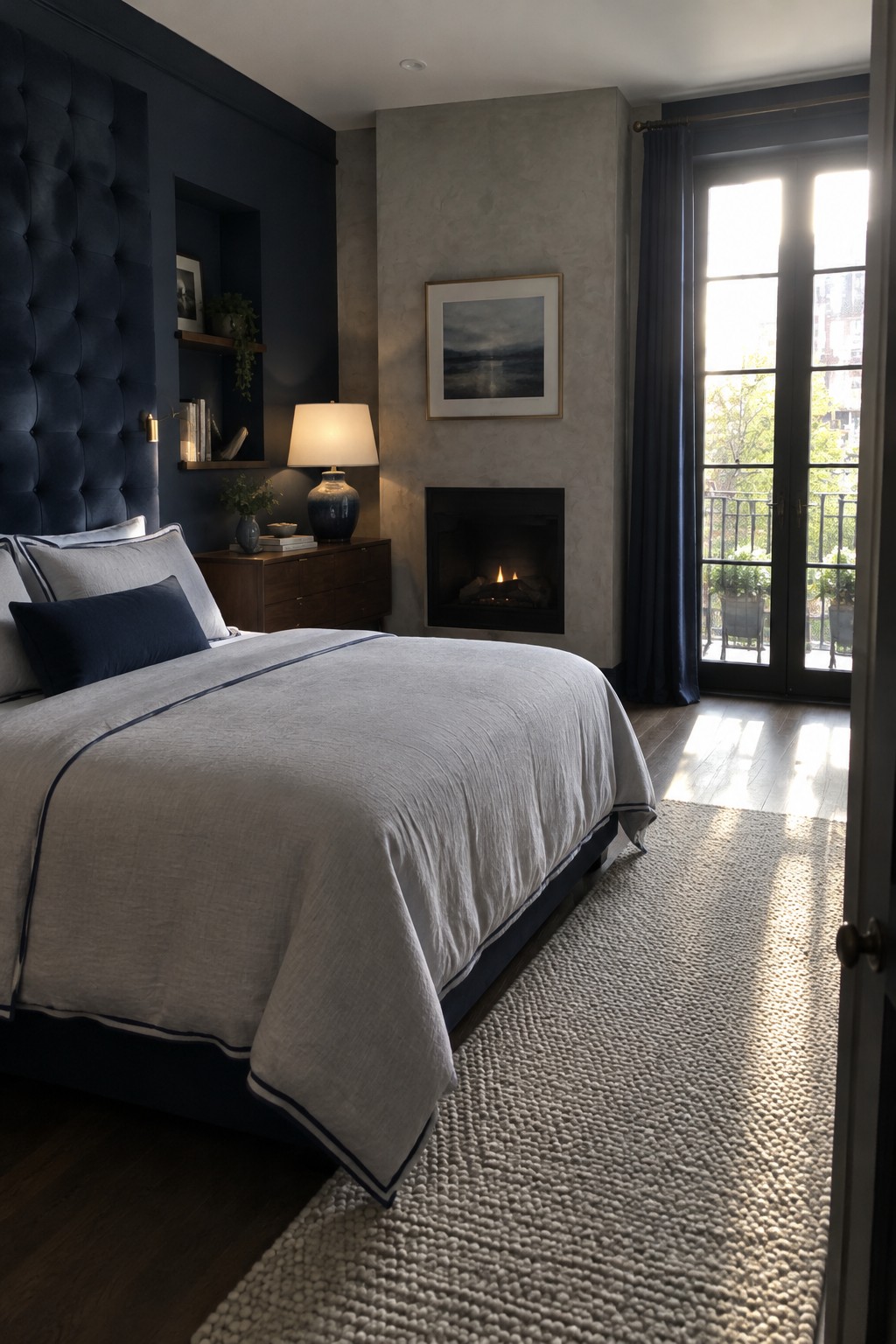 A bedroom with a tall navy tufted headboard wall, pale bedding, a fireplace, and glass balcony doors.
