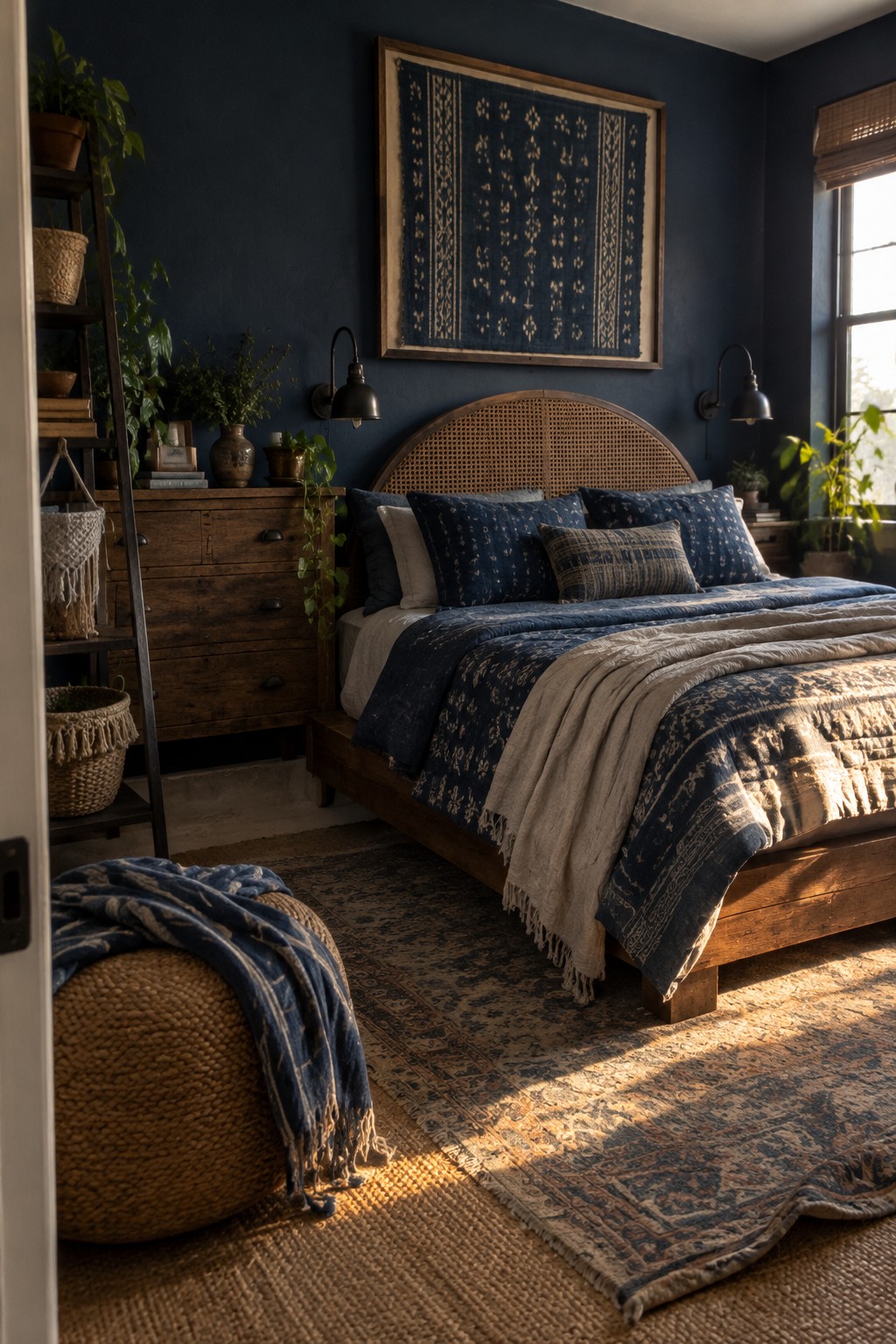 A bedroom with navy patterned bedding, a curved cane headboard, and dark blue walls.