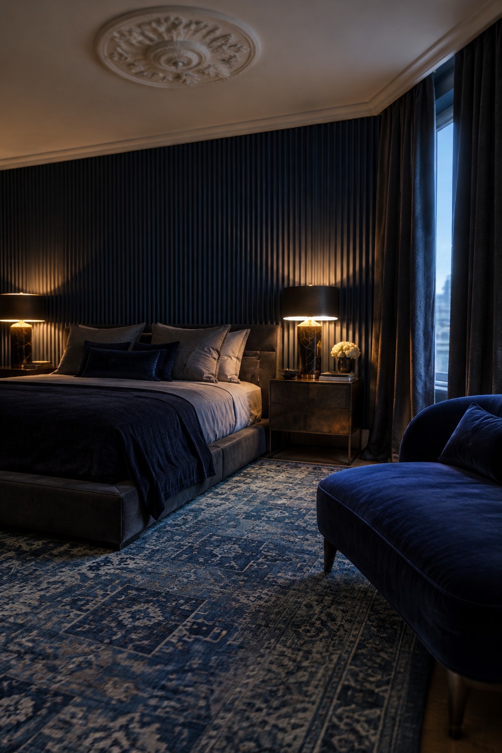 A bedroom with a navy velvet chair and patterned blue rug beside a gray bed, dark ribbed wall, and tall curtained window.