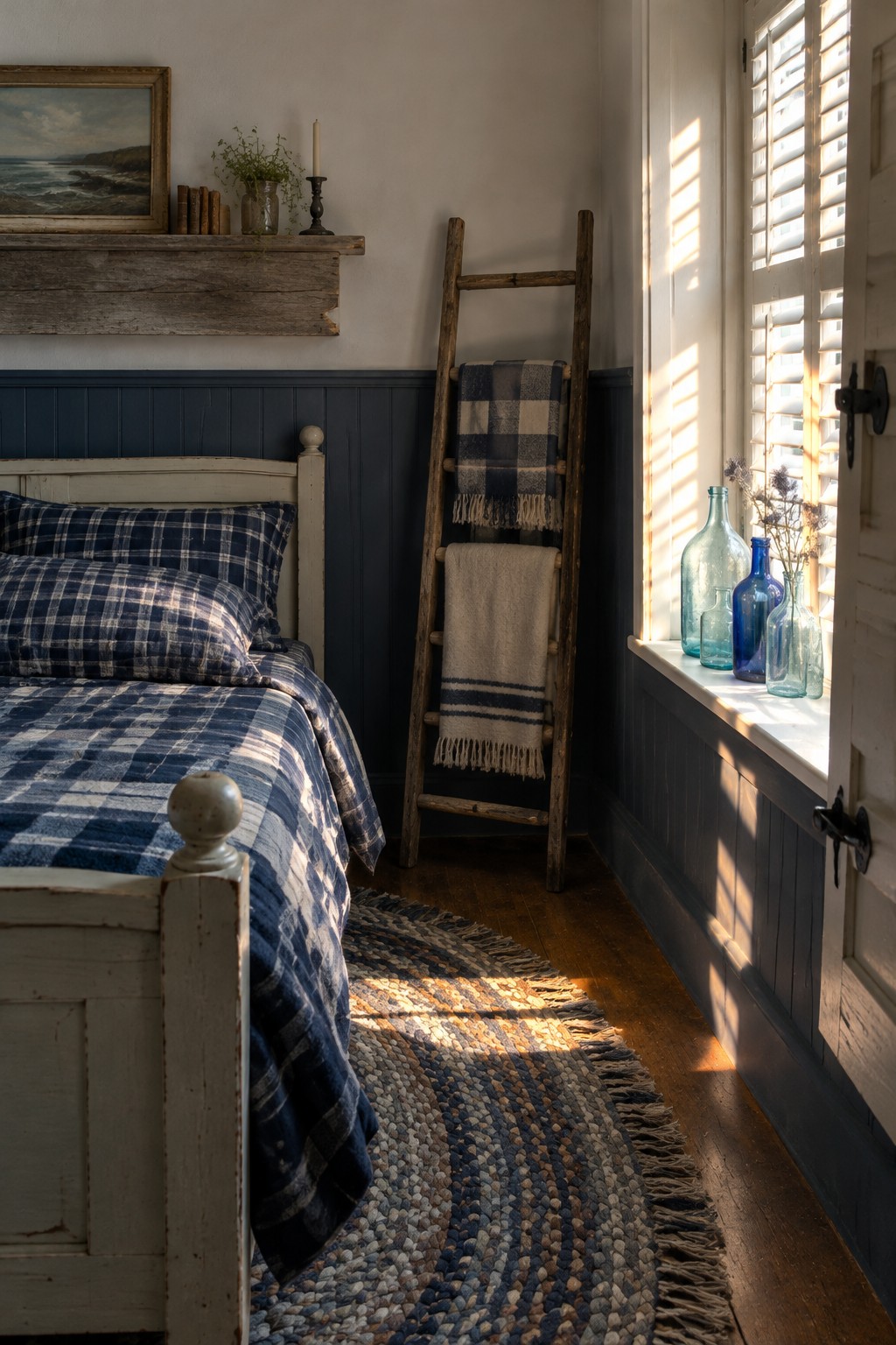 A narrow bedroom with navy plaid bedding, a white wooden bed, dark blue wall paneling, and sunlight coming through shuttered windows.
