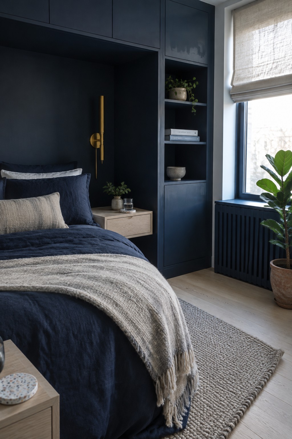 A bedroom with navy built-in cabinets and shelves around a bed dressed in navy bedding and a light textured throw.