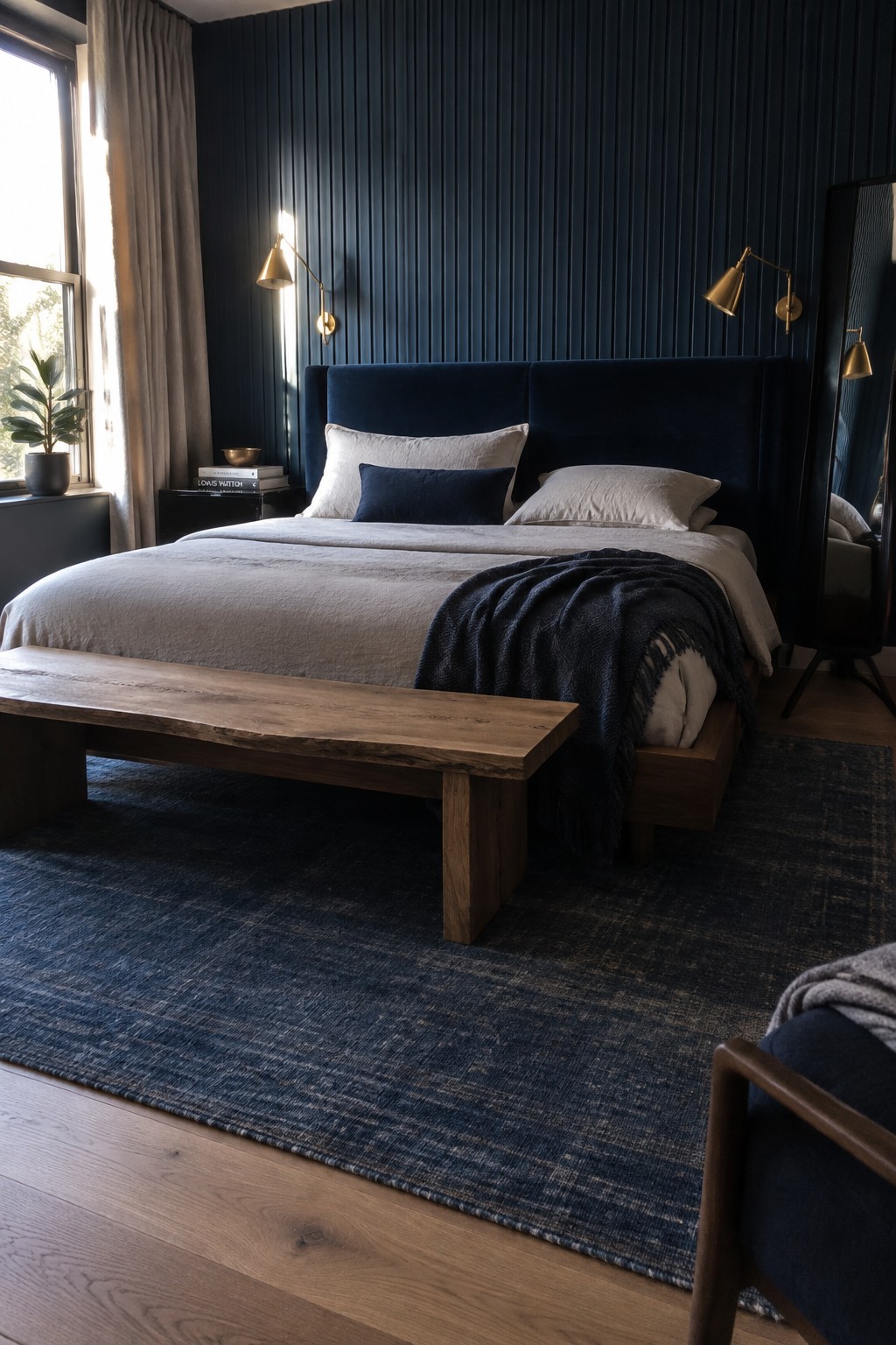 A bedroom with a navy paneled wall behind a bed with light bedding and a dark blue throw.