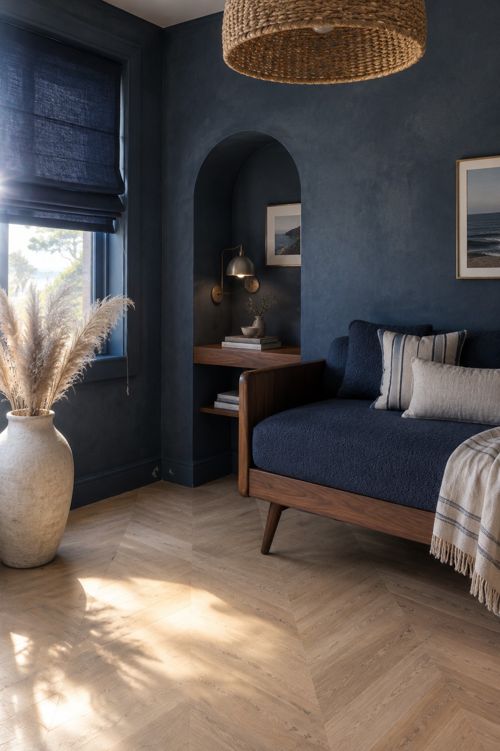 A bedroom reading nook with dark navy walls, an arched alcove, a wood-framed blue sofa, and a woven pendant light.