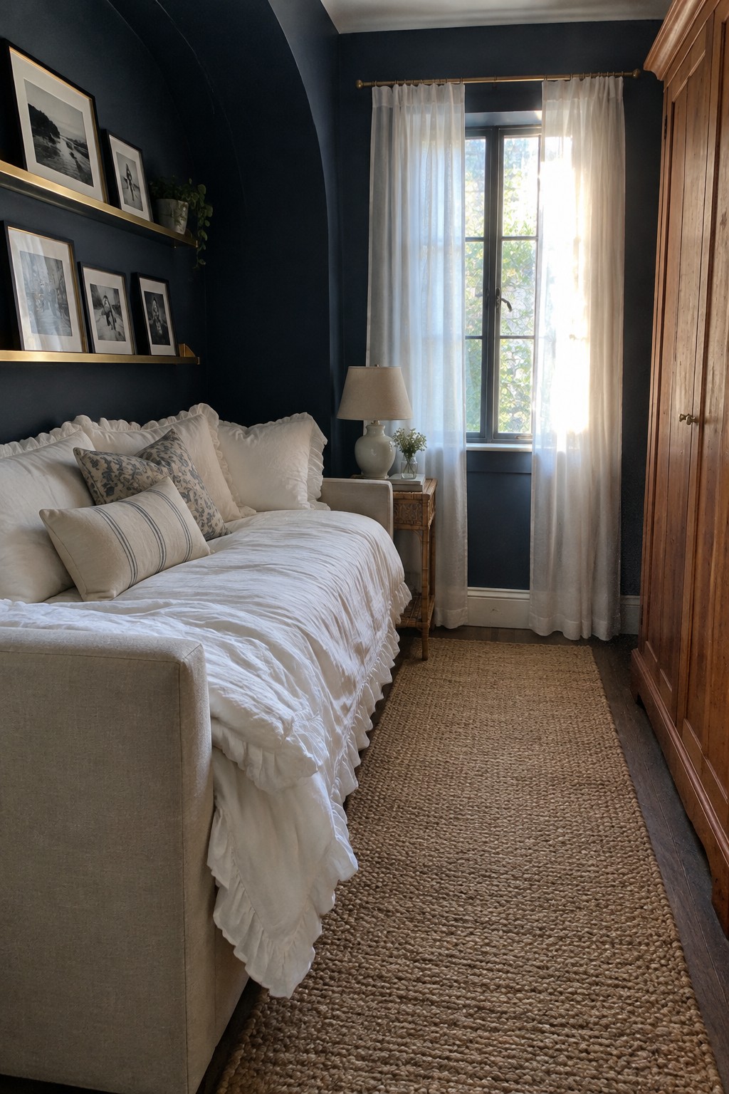 A narrow bedroom with navy walls, a light upholstered bed, white bedding, sheer curtains, and a woven runner.