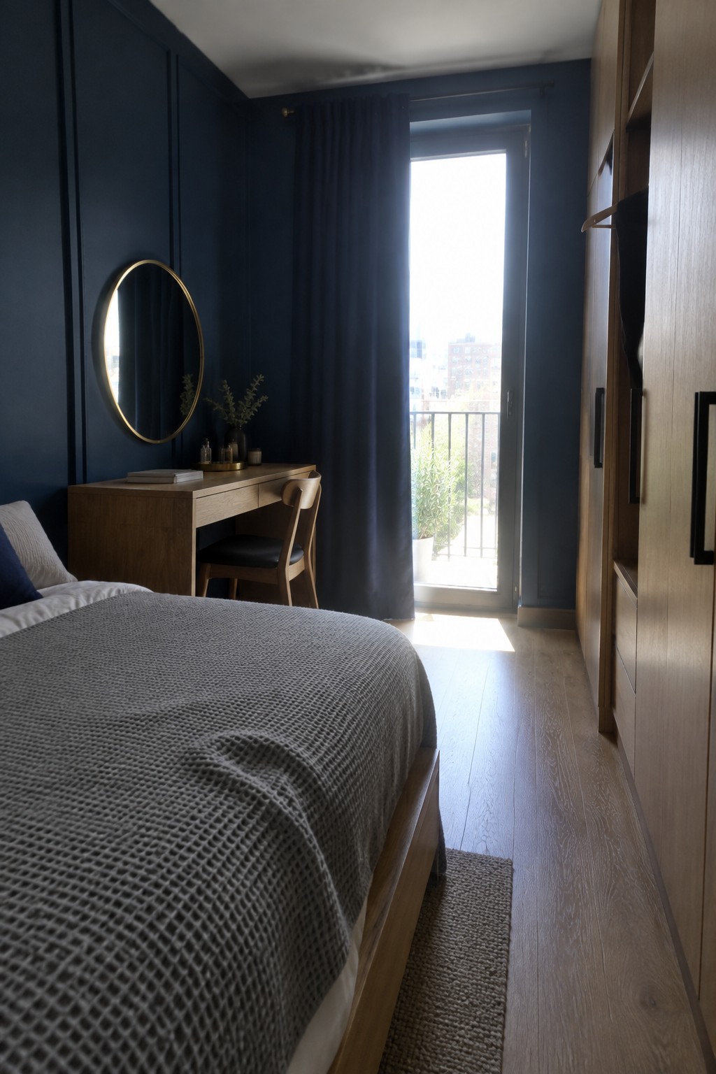 A narrow bedroom with deep navy walls, a wooden desk, and a gray-covered bed.