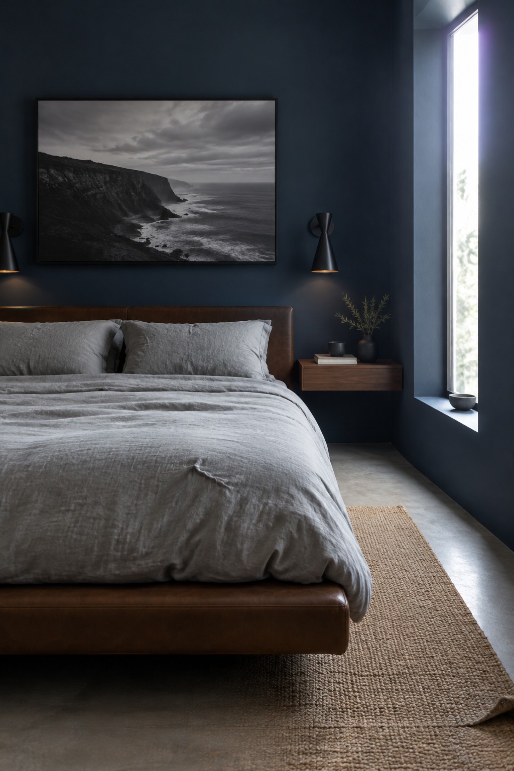 A bedroom with dark navy walls, gray bedding, a brown leather bed frame, coastal wall art, and a tall window.