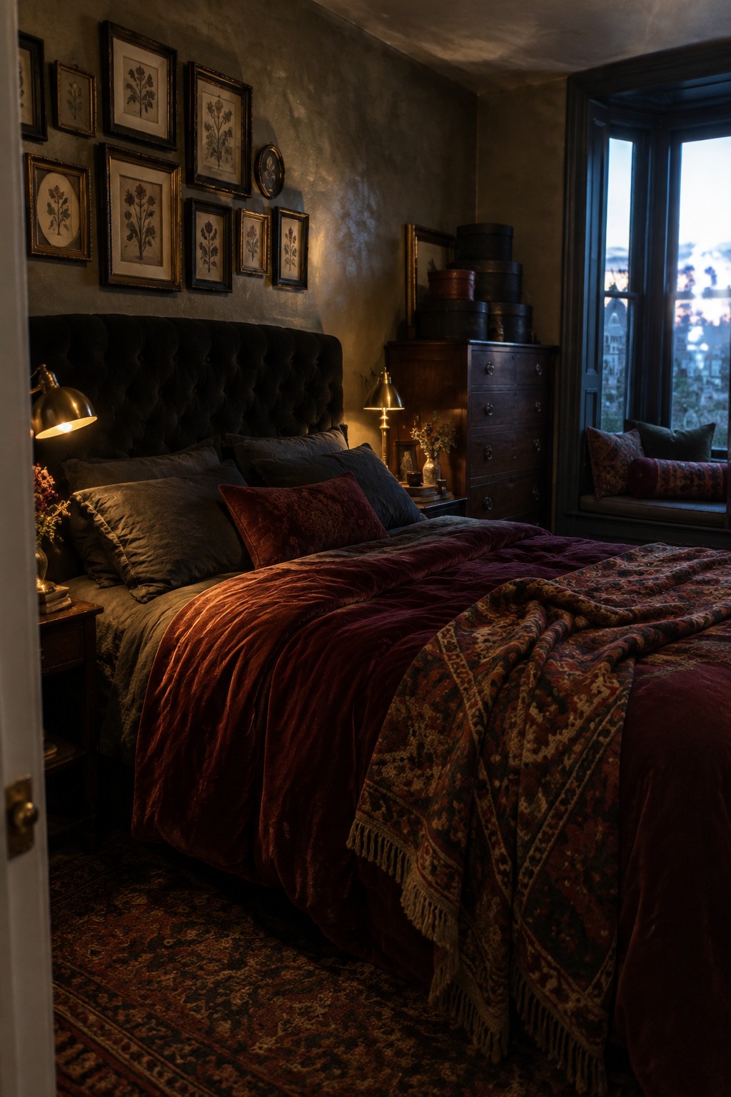A bedroom with burgundy velvet bedding, a patterned throw, a dark tufted headboard, and framed botanical prints.