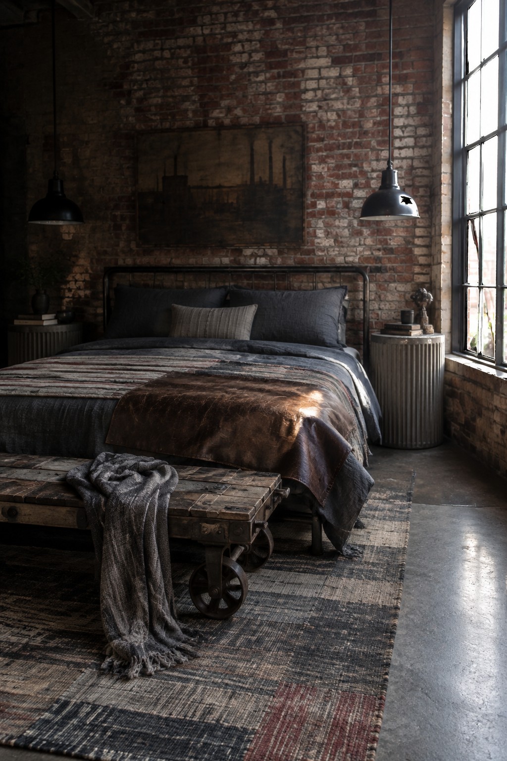 A bed with charcoal linens, a striped coverlet, and a brown throw sits in a brick-walled bedroom beside a tall window.