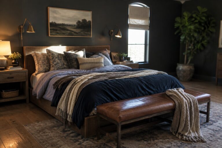A bedroom with charcoal walls, a wood headboard, layered gray and navy bedding, and a knitted throw.