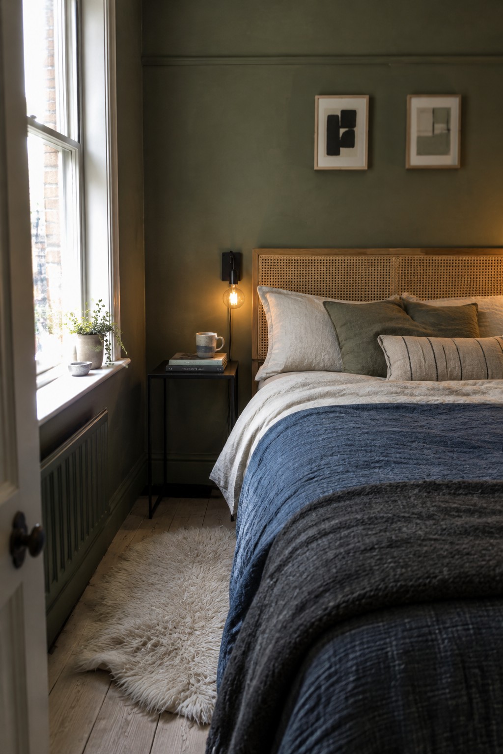 A bedroom with layered white, blue, and charcoal bedding, a woven headboard, and muted green walls.