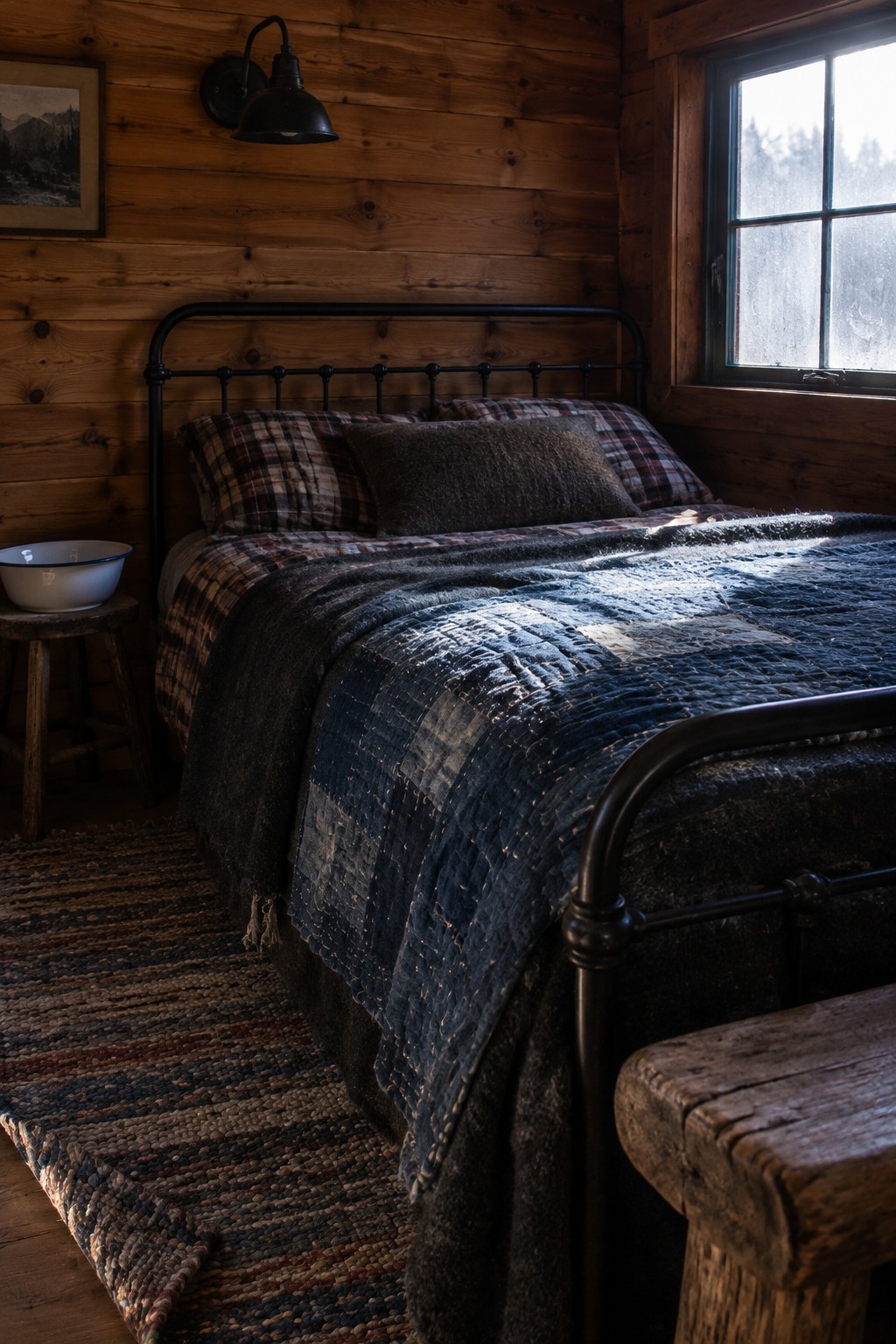 A dark blue quilt covers a metal bed with plaid pillows in a wood-paneled bedroom.