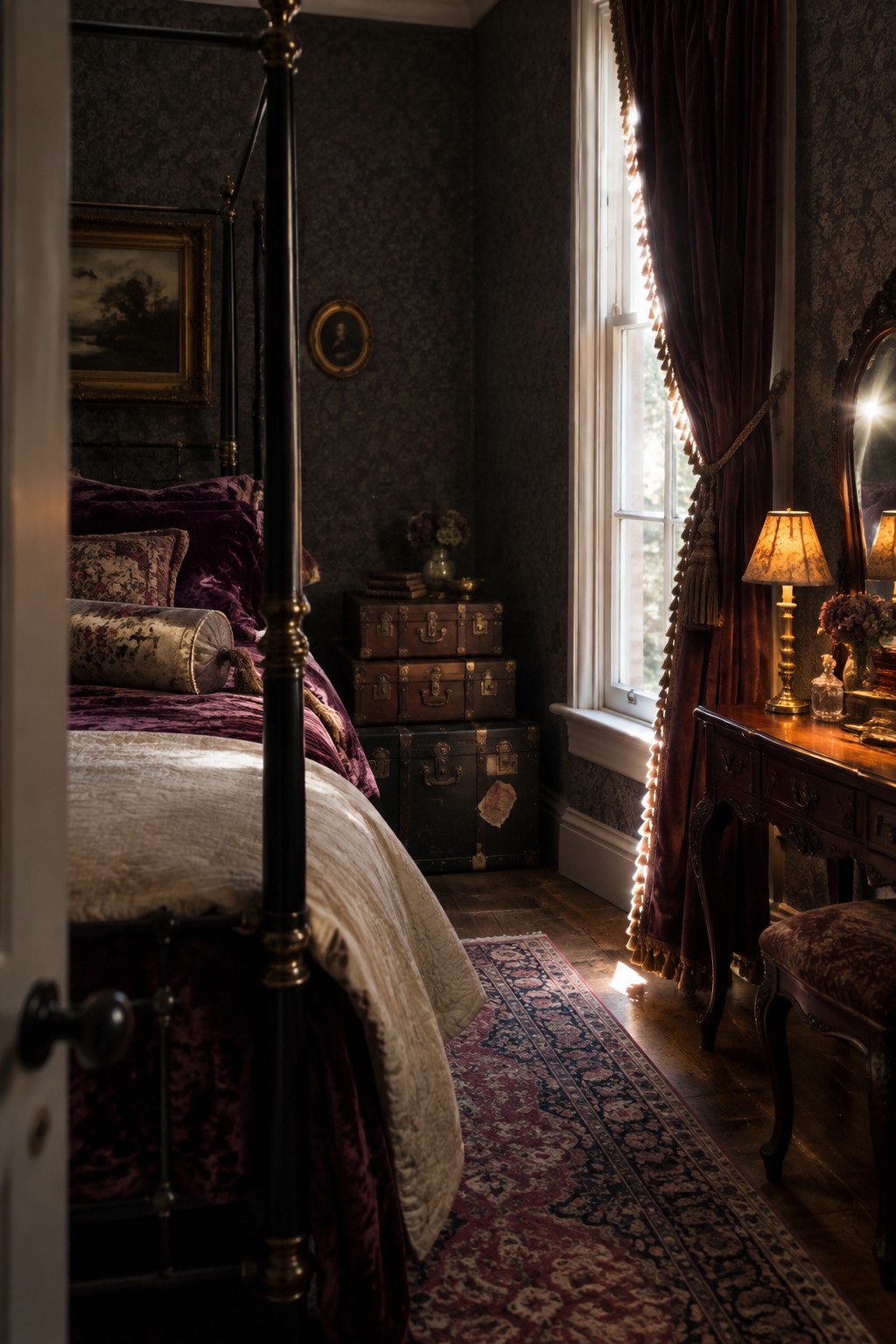 A dark four-poster bed with layered purple and cream bedding stands beside a tall window with burgundy curtains.