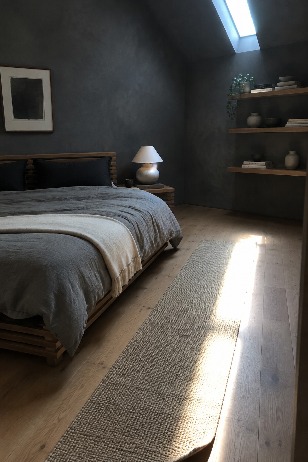 A bedroom with layered gray bedding, a pale throw, charcoal walls, and a skylight above.