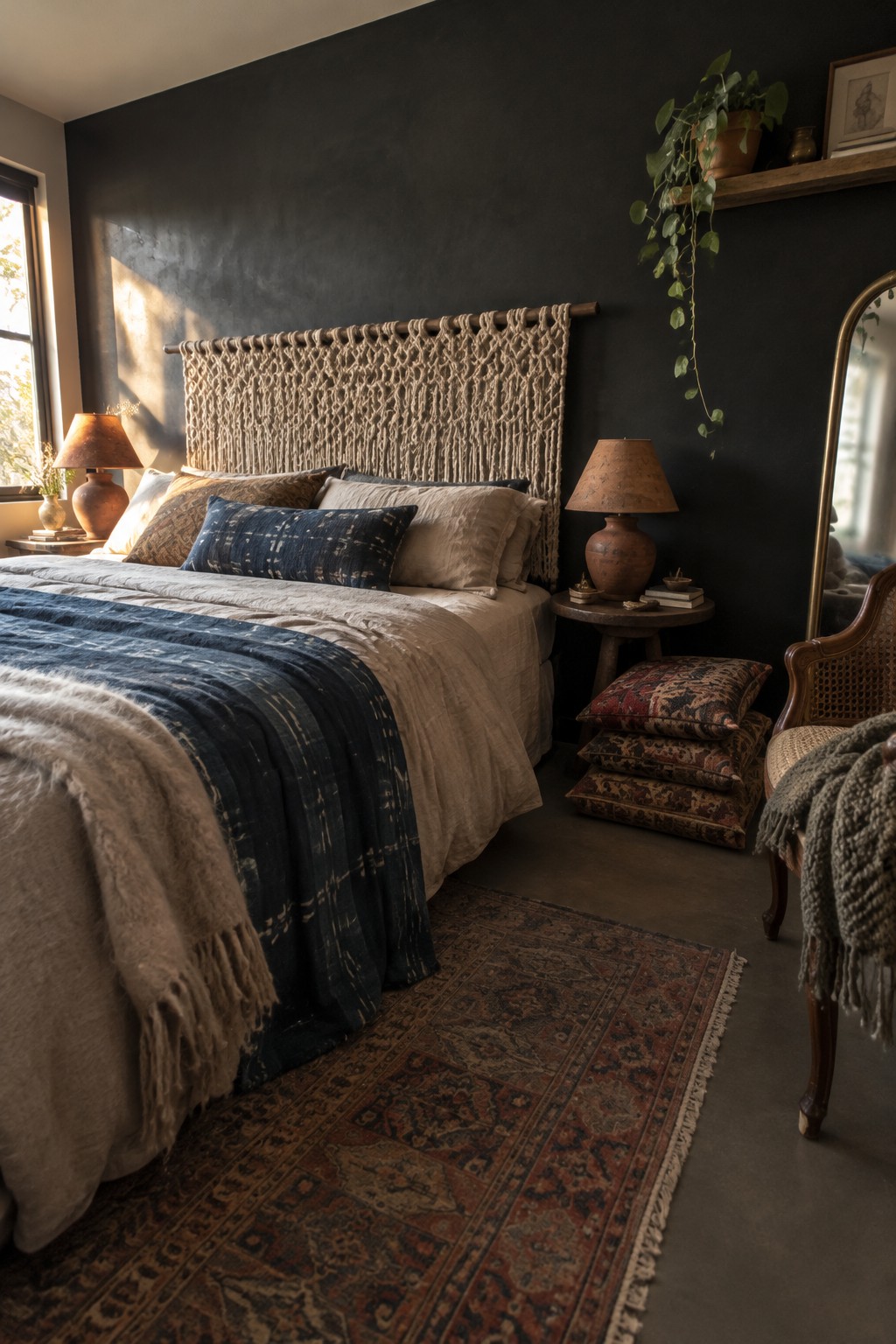 A bed with layered cream and navy bedding sits against a dark wall with a tall woven headboard.
