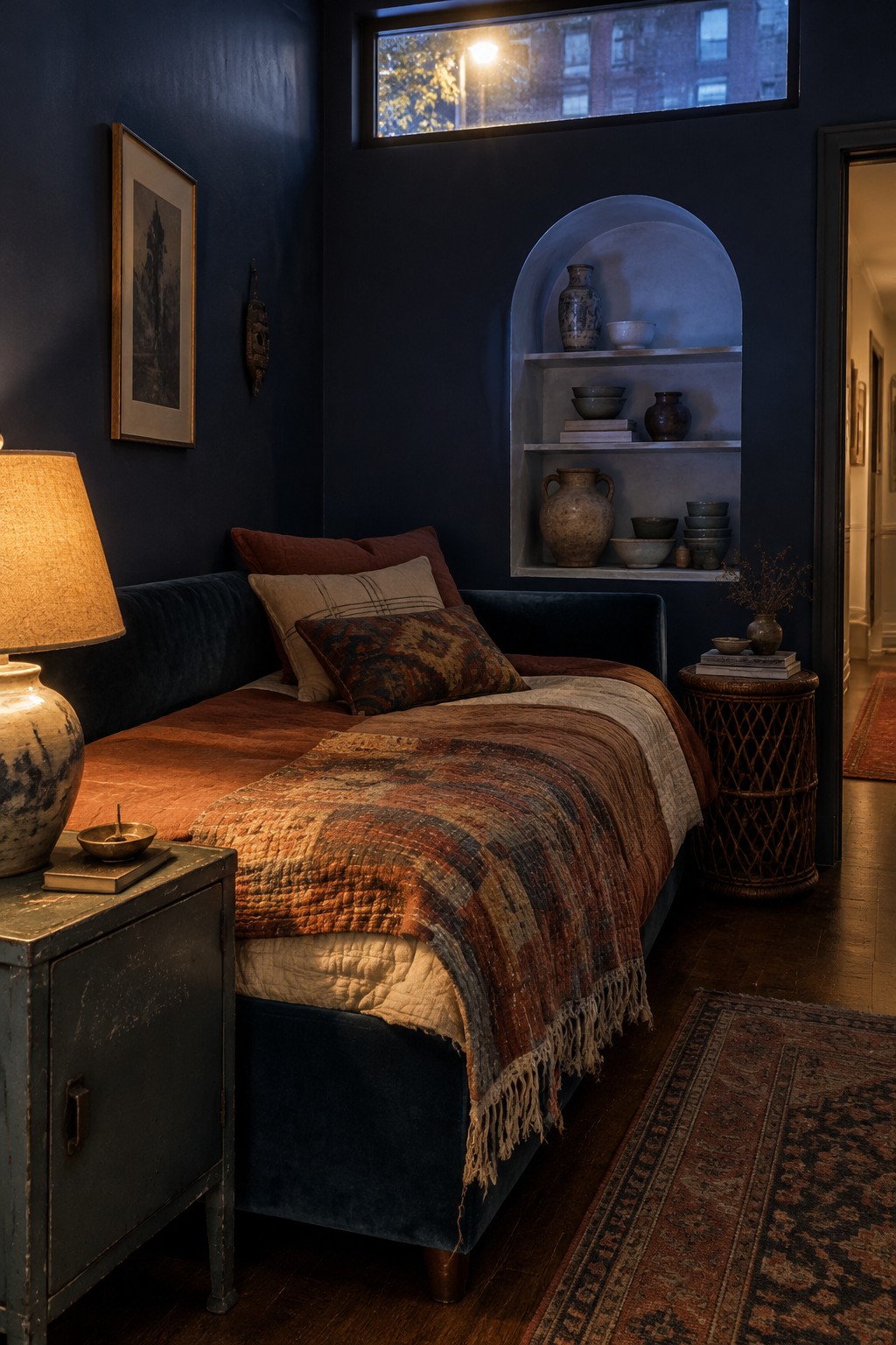 A dark bedroom with a bed covered in layered rust and brown quilts beside a recessed arched shelf holding pottery.