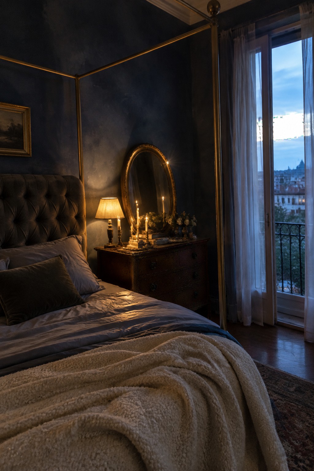 A dark four-poster bed with layered gray bedding sits beside a wooden dresser and an open balcony door.