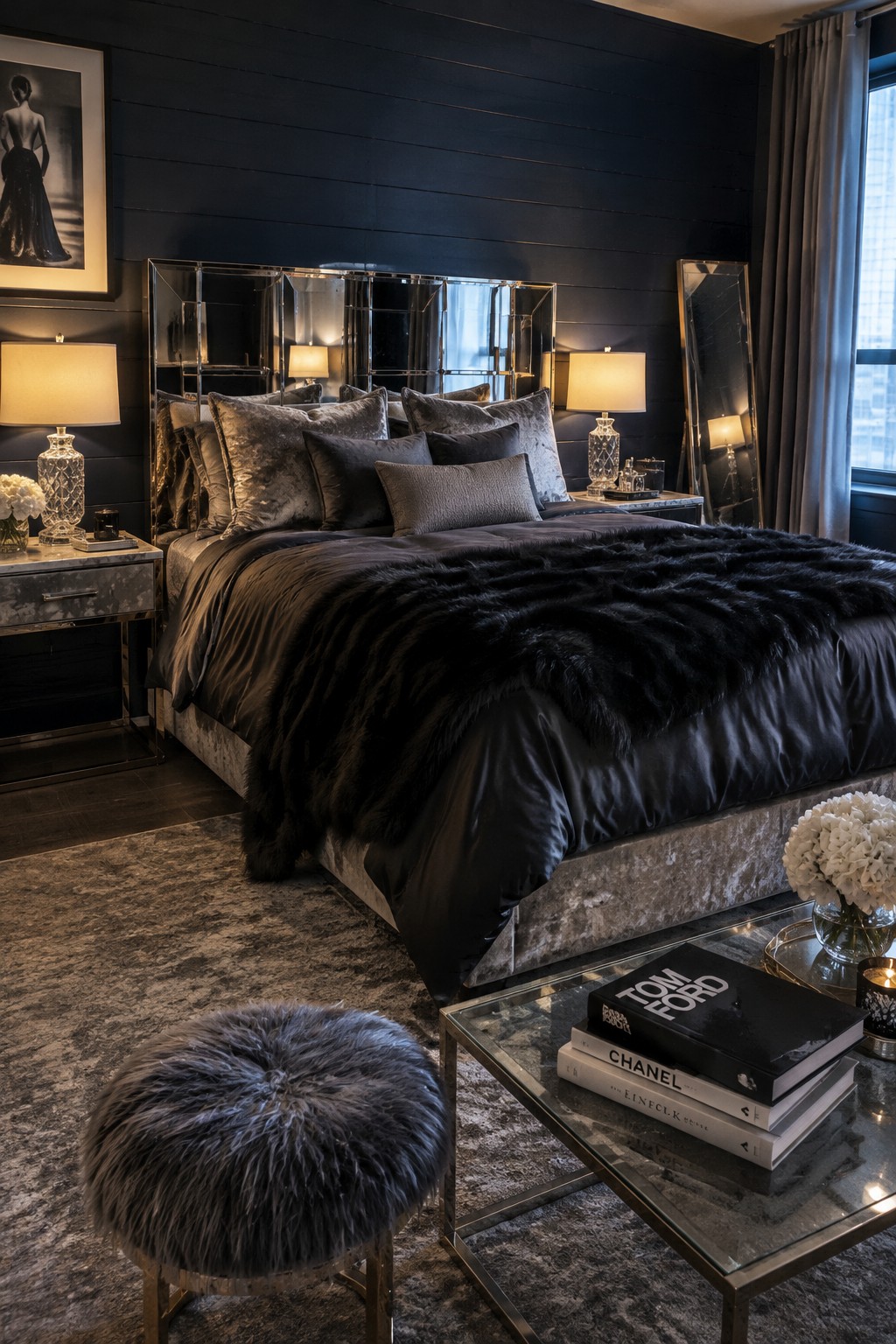 A dark bedroom with layered charcoal bedding, mirrored panels behind the bed, and matching bedside lamps.