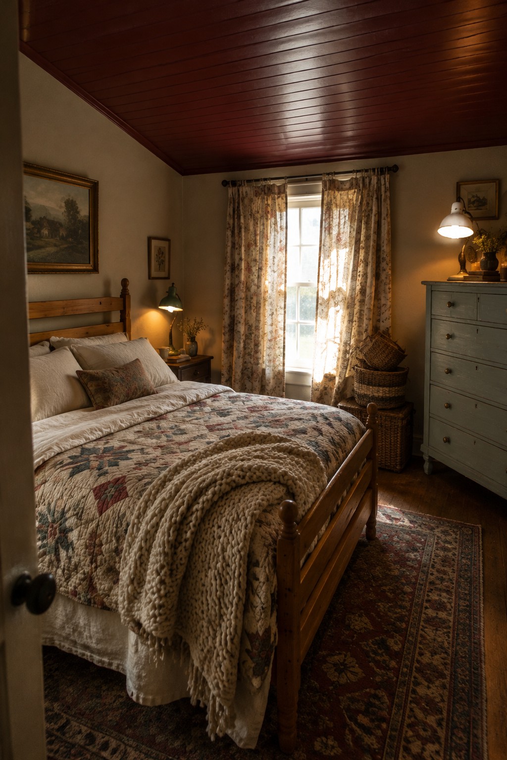 A wooden bed with white sheets, a muted floral quilt, and a chunky cream throw.