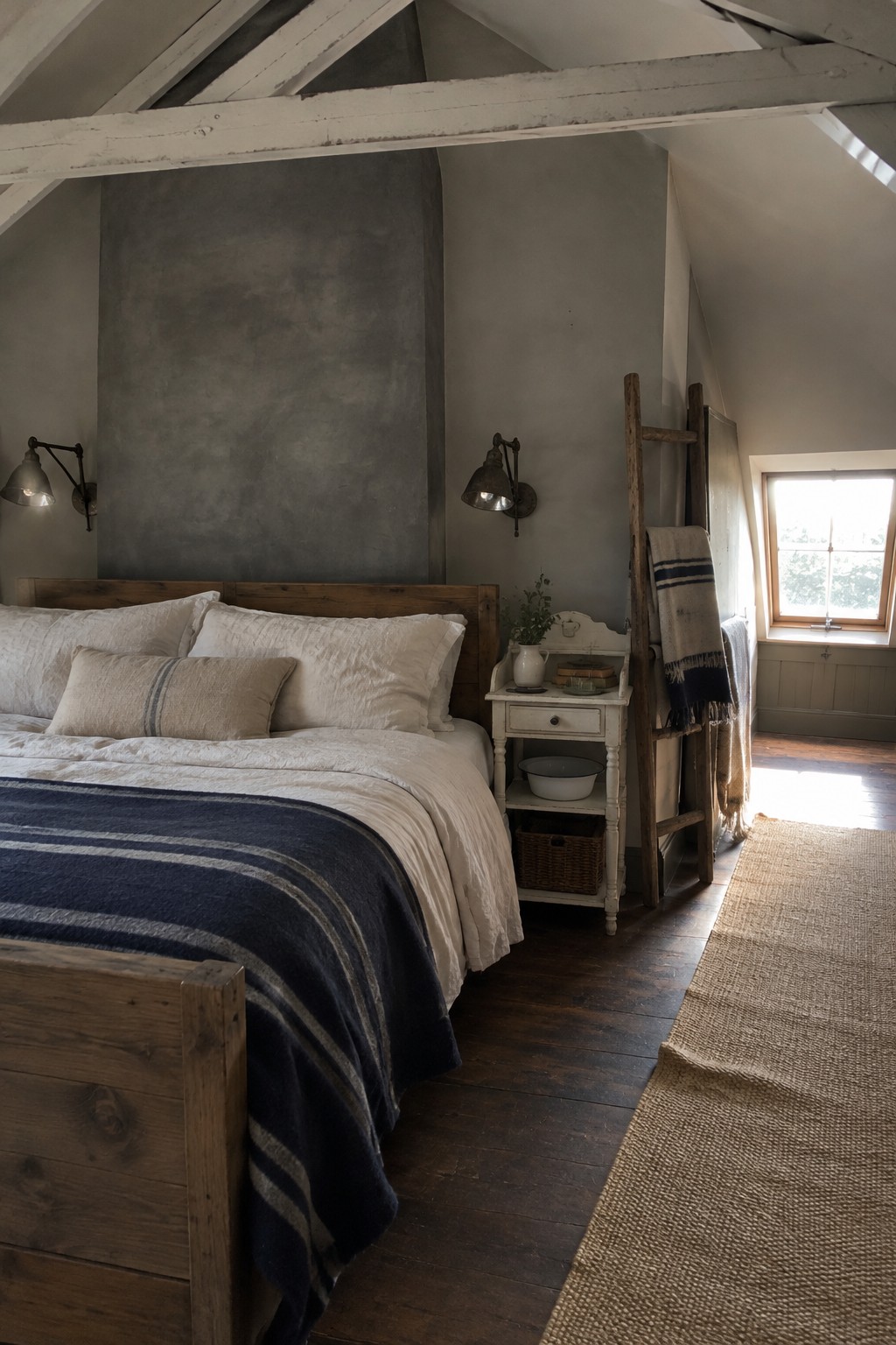 A wooden bed with white layered bedding and a navy striped blanket sits against a dark gray wall in an attic bedroom.