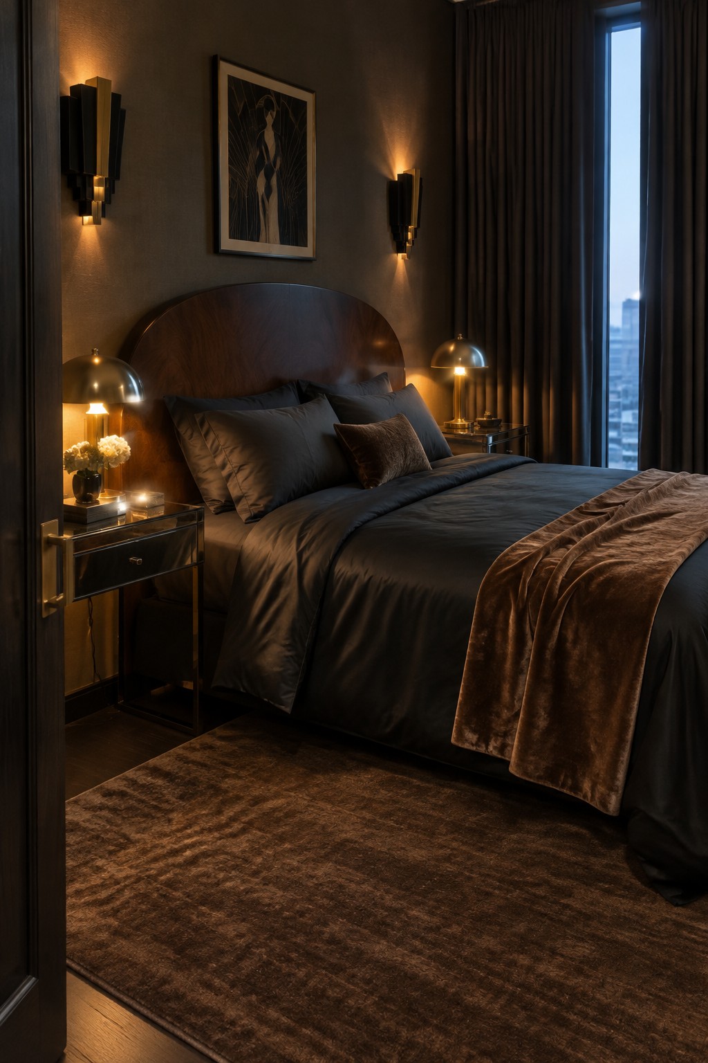 A dark bed with charcoal pillows and duvet, a brown velvet throw across the foot, and a curved wooden headboard.