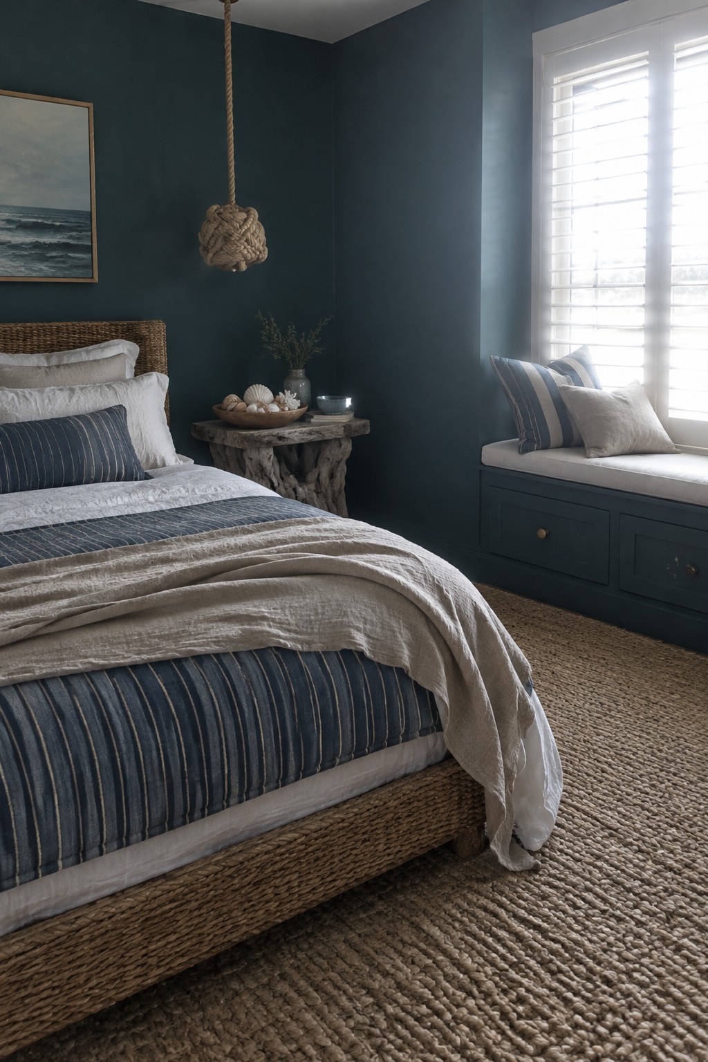 A bedroom with deep blue-green walls, a woven bed dressed in layered blue, white, and beige bedding, and a window seat beside shuttered windows.