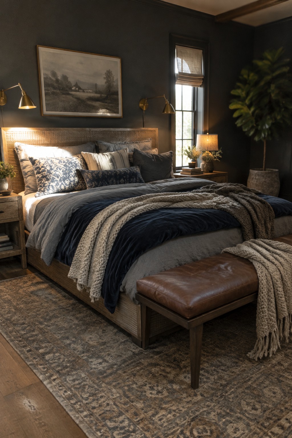 A bedroom with charcoal walls, a wood headboard, layered gray and navy bedding, and a knitted throw.
