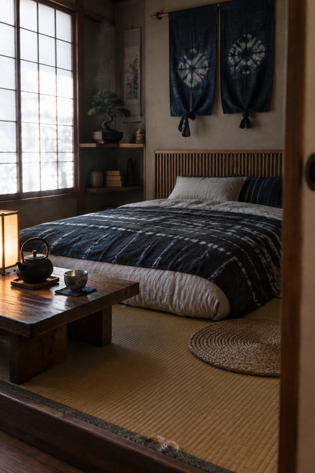 A low bed with indigo patterned bedding sits in a Japanese-style bedroom with a slatted wood headboard.