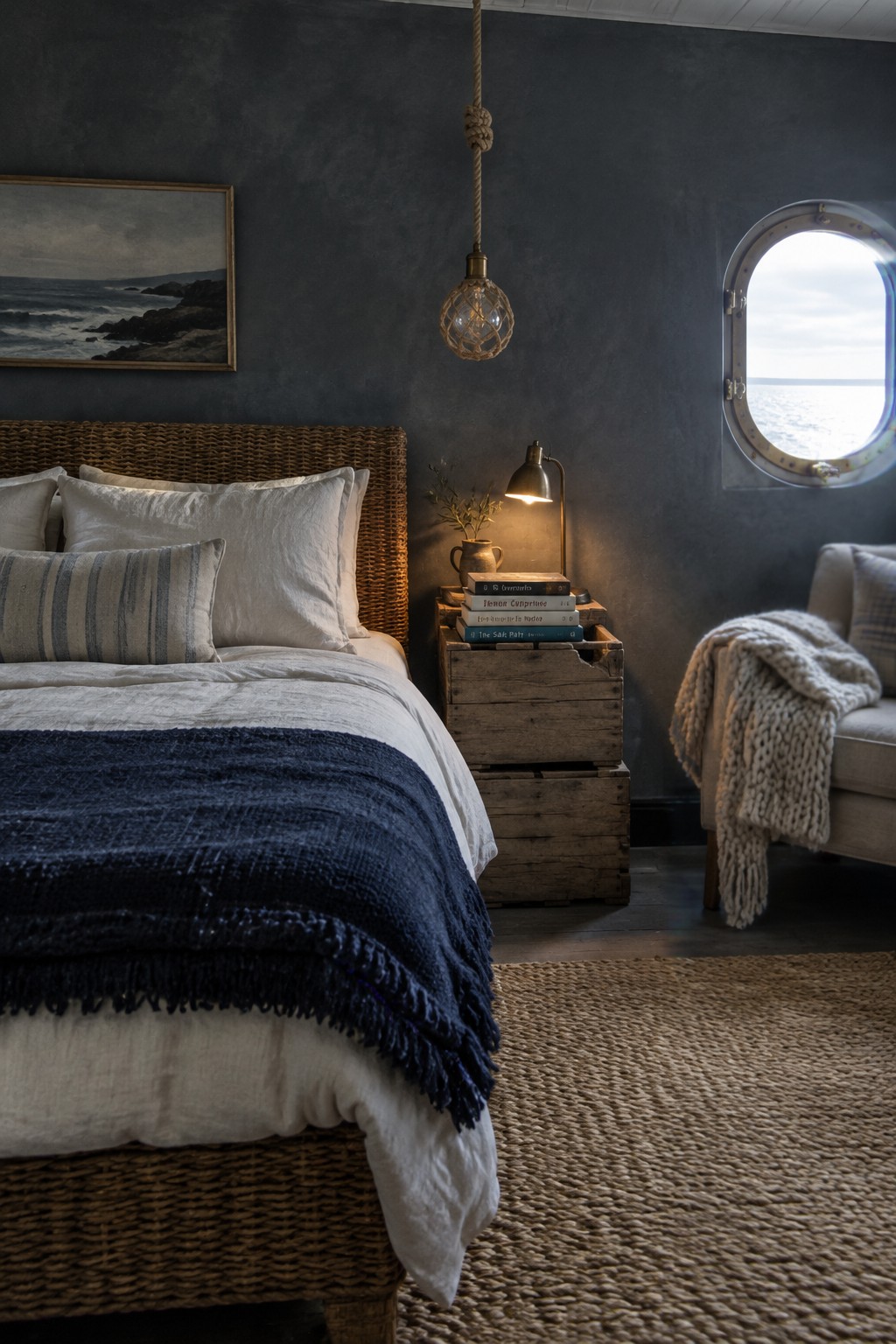A bed with white linens and a navy textured throw sits beside a woven headboard in a dark bedroom.