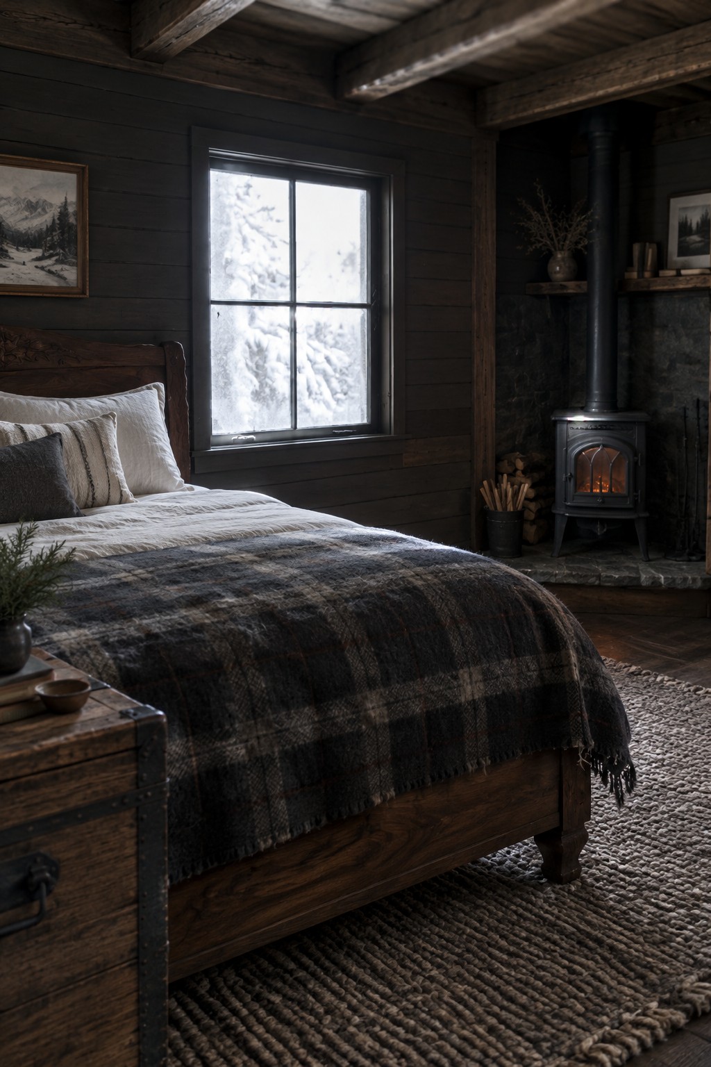 A rustic bedroom with dark wood walls and ceiling beams, layered bedding, a snowy view through the window, and a wood stove.
