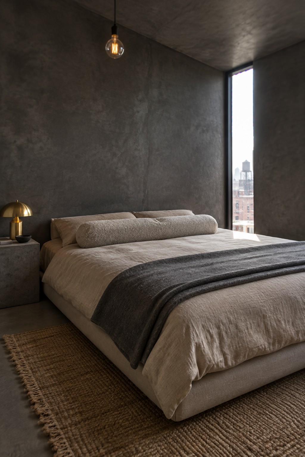 A neutral bed with a textured bolster and charcoal throw in a dark gray bedroom.