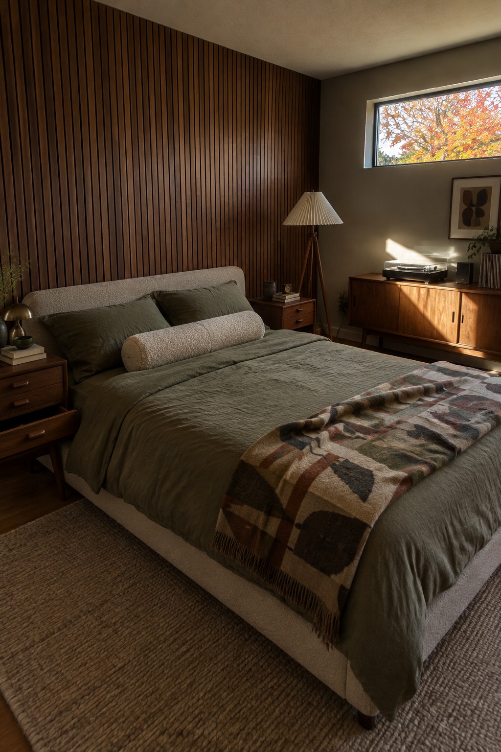 A bed with olive bedding and a patterned throw sits against a vertical wood slat wall.
