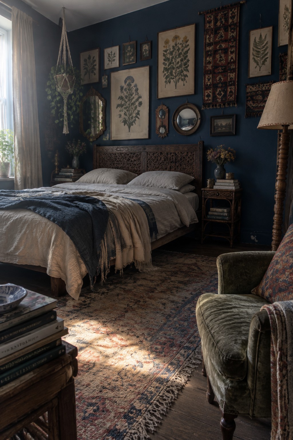 A dark blue bedroom with botanical prints arranged above a carved wooden bed.