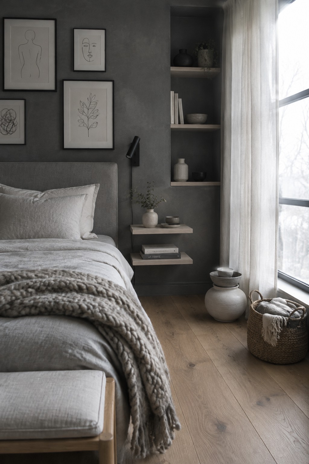 A charcoal bedroom wall displays framed line drawings above a gray upholstered bed, with built-in shelves and a tall curtained window nearby.