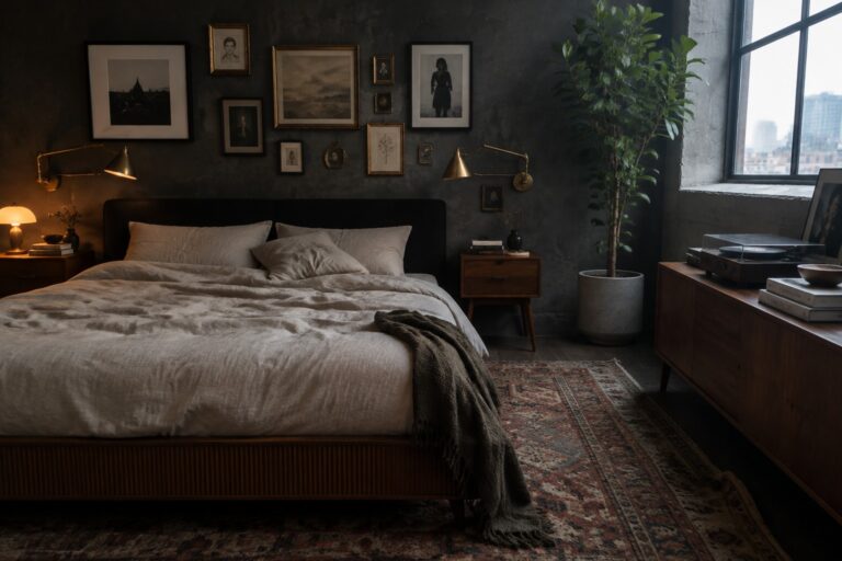 A dark bedroom with a gallery wall of framed artwork above a bed with light bedding.