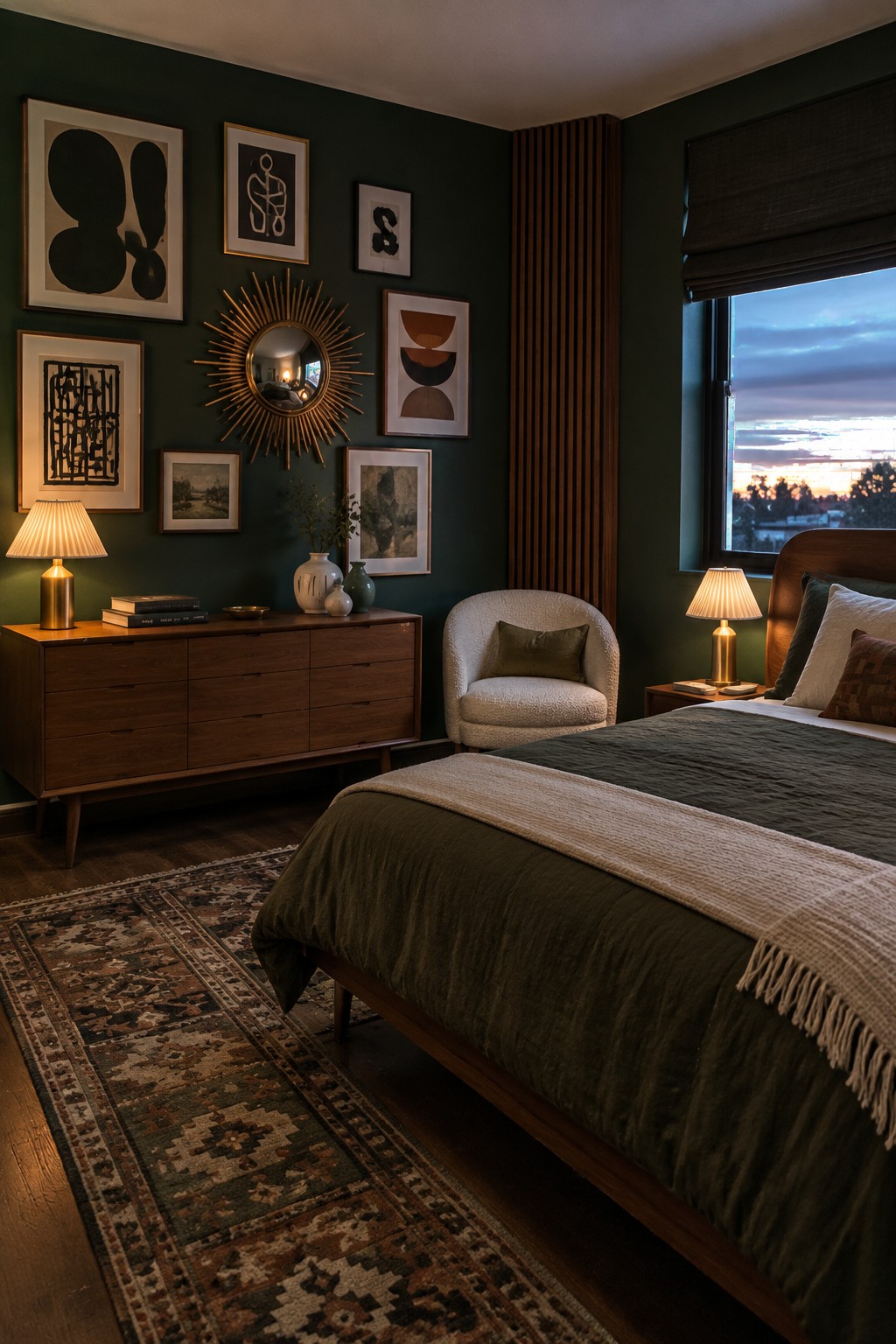 A dark green bedroom with a gallery wall of framed art and a sunburst mirror above a wooden dresser.