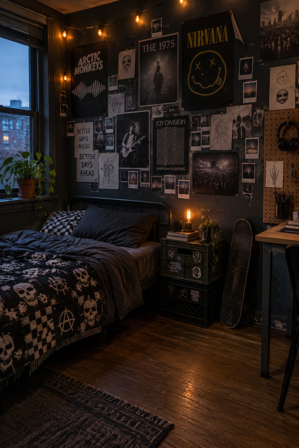 A dark bedroom has a wall covered with music posters, prints, and drawings above a bed with black patterned bedding.