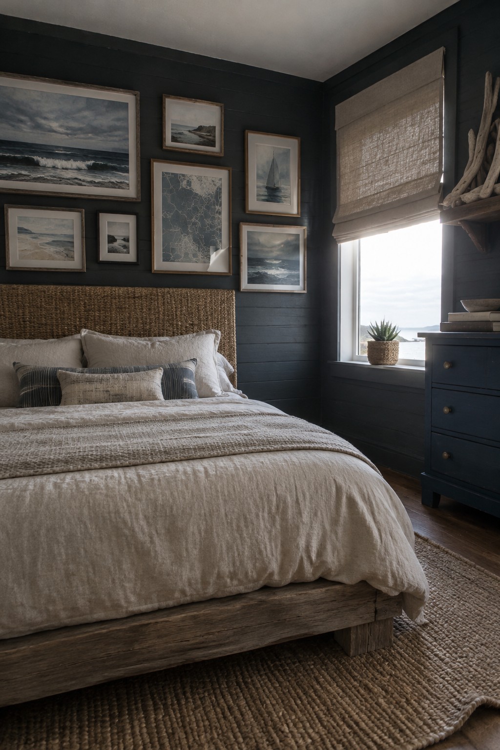 A dark bedroom with a gallery wall of coastal prints and a map above a bed with neutral bedding.