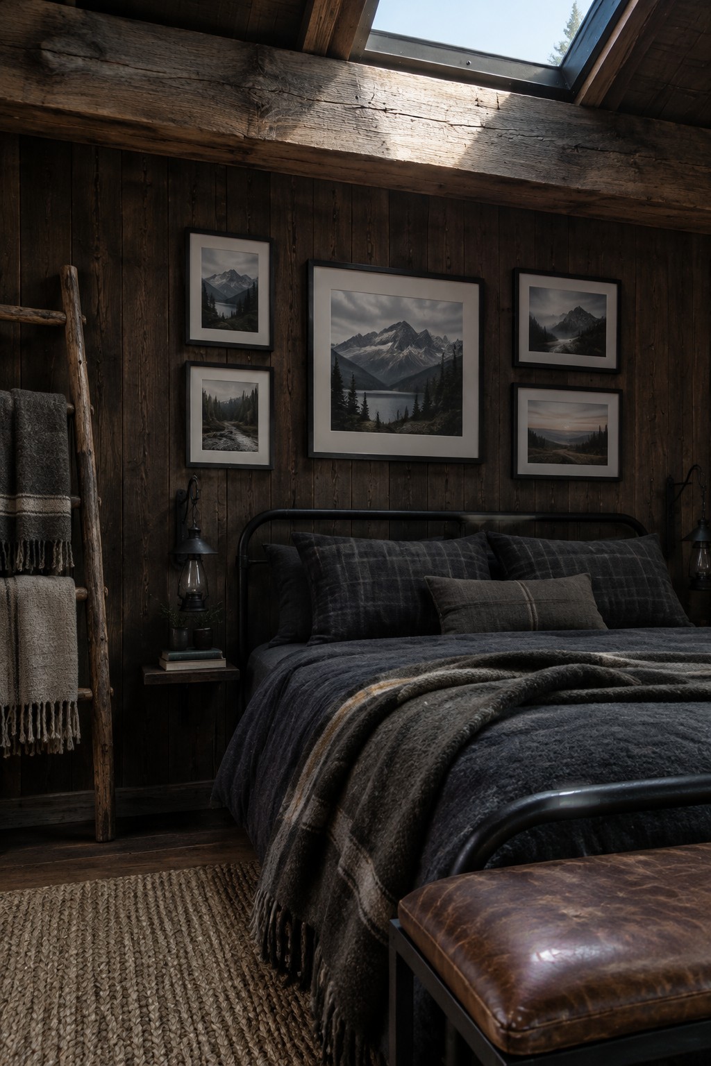 A dark wood bedroom with a black metal bed and five framed mountain landscape photographs arranged above it.