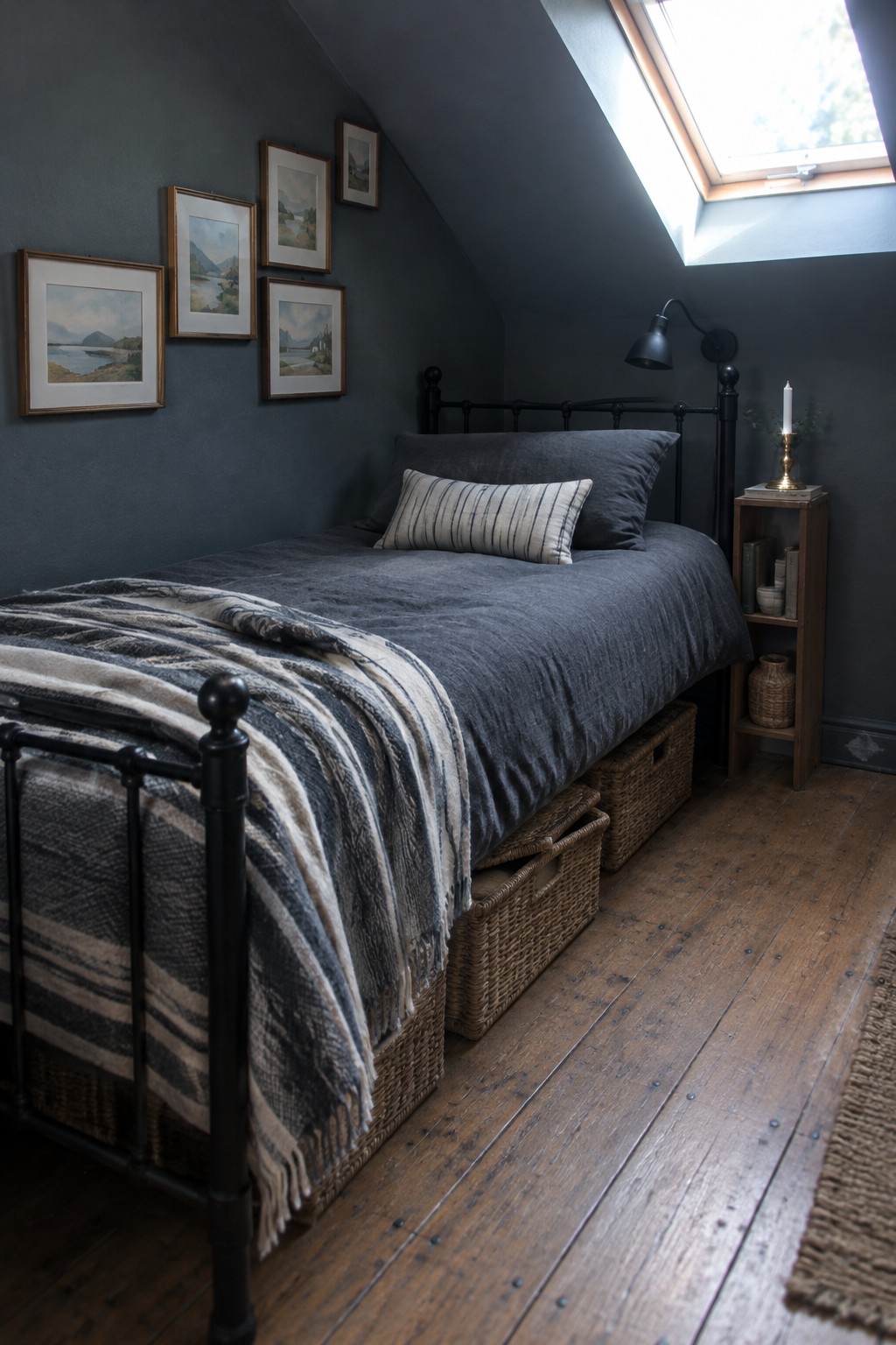 A dark attic bedroom with a black metal bed, gray bedding, and framed landscape prints arranged on the sloped wall.